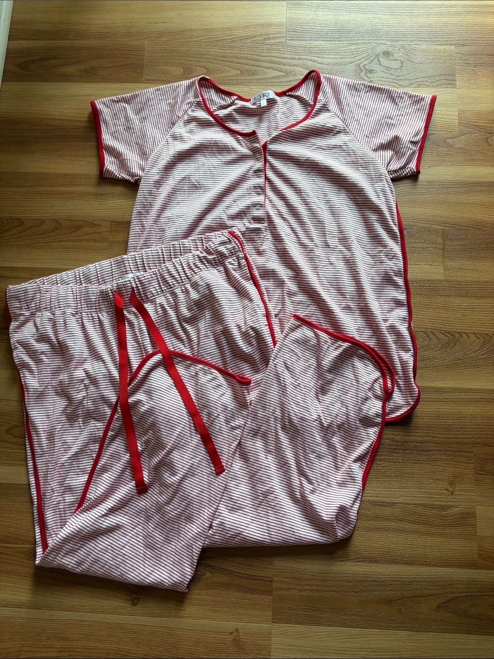 LAKE Short Long Pima Cotton Pajama Set Maternity Nursing Red Stripe Button Top